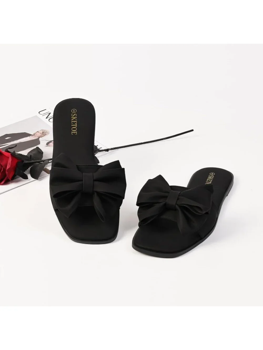 Women's Black Faux Leather Bow Flat Sandals Open Saquare Toe Comfortable Slides